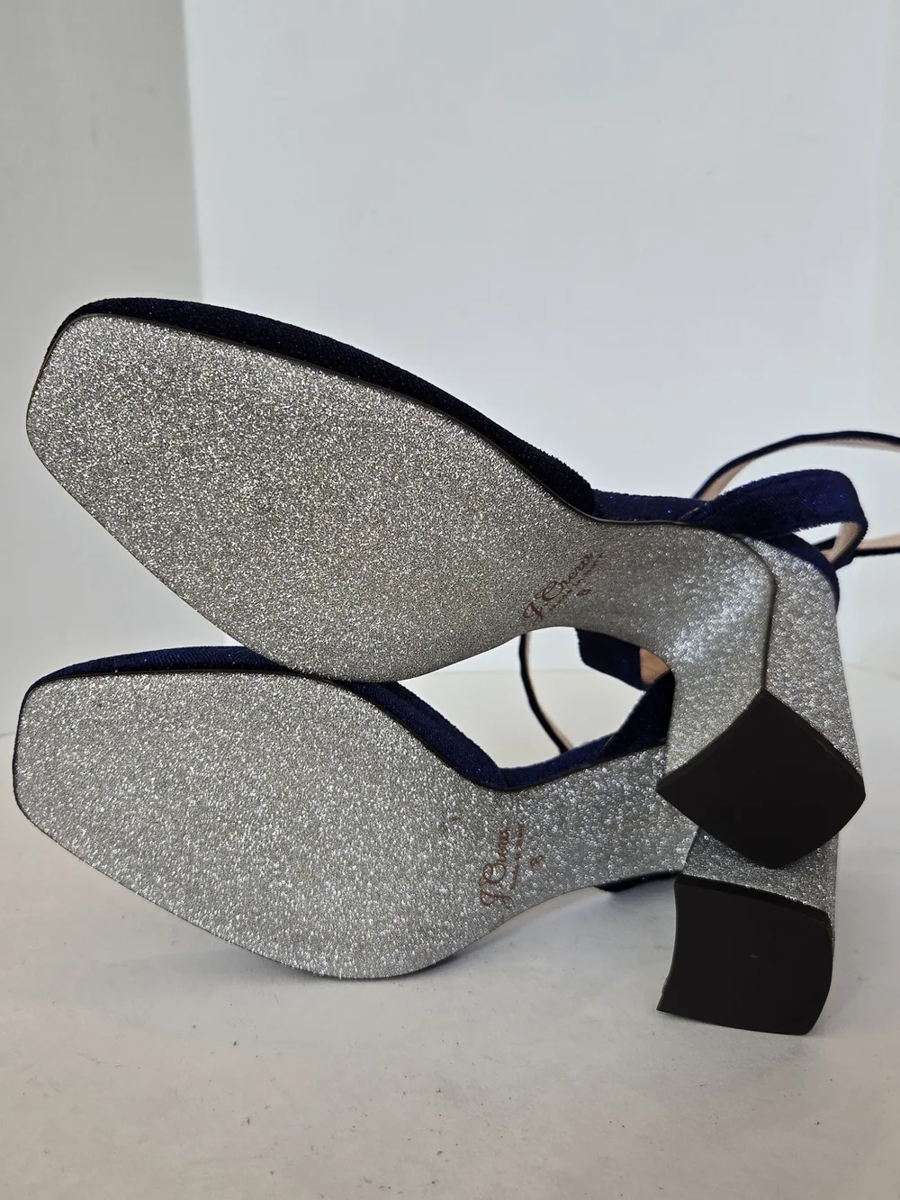 J. Crew Harlow Navy Velvet Ankle-Strap Block Heels Silver Glitter Heel